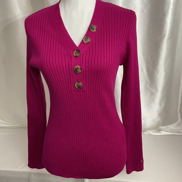 Tommy Hilfiger stretch Womens Ribbed Knit Long Sleeve Sweater V-Neck Button-Fro - Picture 1 of 10